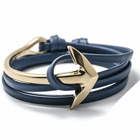 Pulsera Ancla Azul Curva Dorada